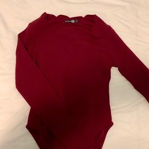 Boohoo Tall Scalloped Neck Maroon Bodysuit